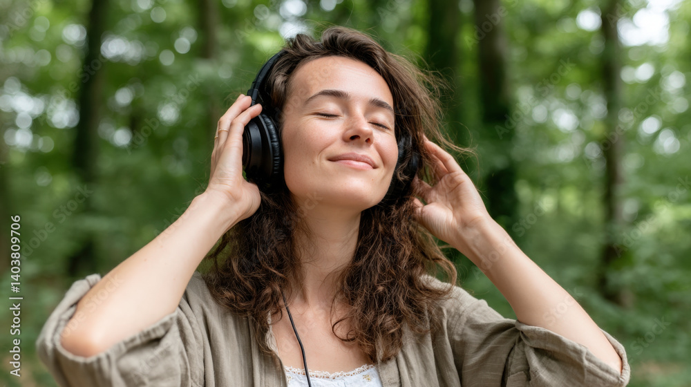 woman enjoying calming rhythms of music in peaceful forest setting wearing headphones and smiling with eyes closed surrounded by lush greenery woman enjoying calming rhythms of music in peaceful forest setting wearing headphones and smiling with eyes closed surrounded by lush greenery