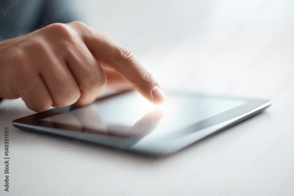 person tapping buy now button on tablet glowing screen reflecting on gentle lines of their fingers person tapping buy now button on tablet glowing screen reflecting on gentle lines of their fingers