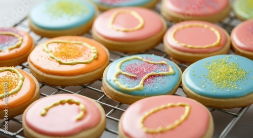 Colorful iced sugar cookies with sprinkles on cooling rack