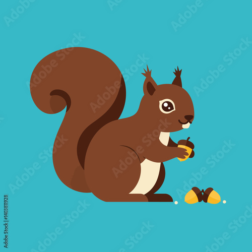 Cute brown squirrel holding an acorn in flat vector art style