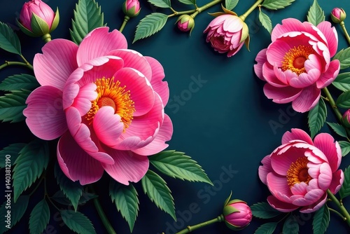 Bold peony blossoms, lush foliage, damask style , leaves, blossom