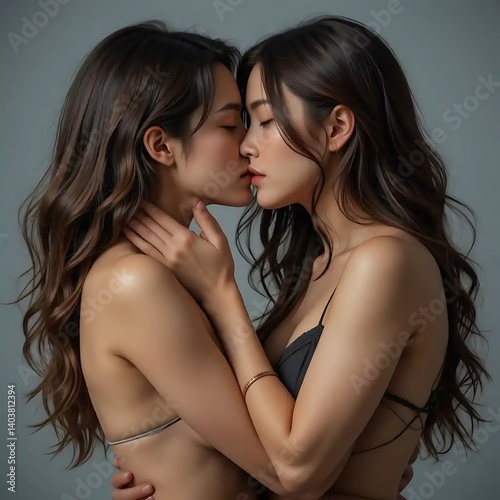 Passionate Women Kissing Romantic Embrace Sensual Photo