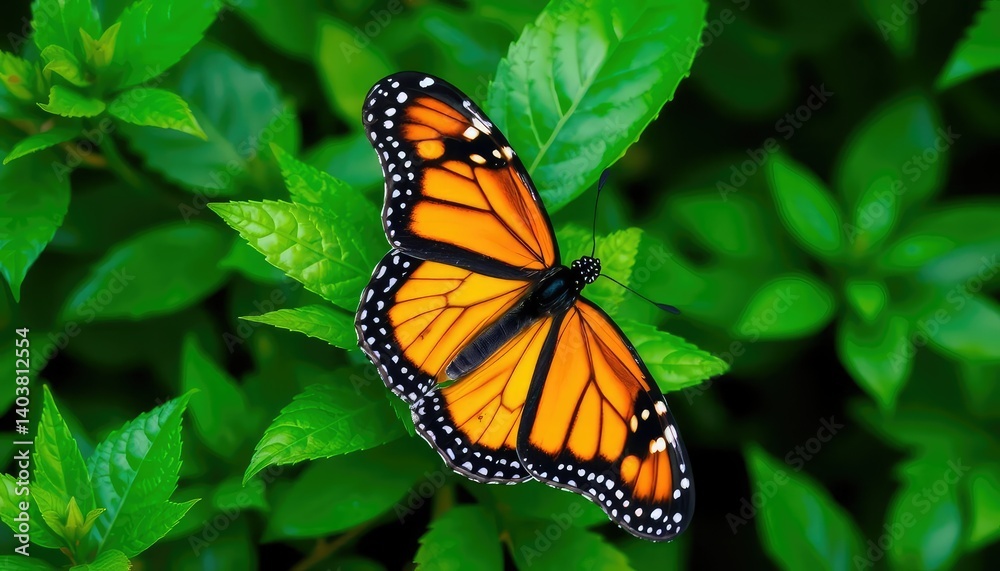 A monarch butterfly, wings outstretched, rests on lush green leaves in a tranquil natural setting, close-up, colorful A monarch butterfly, wings outstretched, rests on lush green leaves in a tranquil natural setting, close-up, colorful