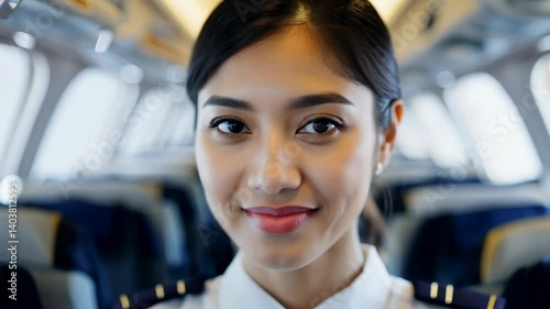 A smiling young Asian flight attendant in the middle of an empty passenger plane cabin. A friendly flight attendant stands smiling in the middle of an empty airplane.