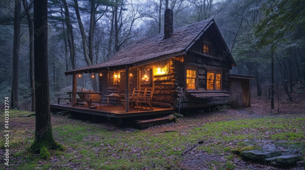 Obraz premium A Cozy Wooden Cabin Nestled Deep Within A Beautiful Forest Setting