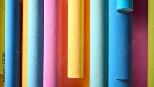 Colorful vertical paper rolls arranged in a vibrant display, creating an artistic background