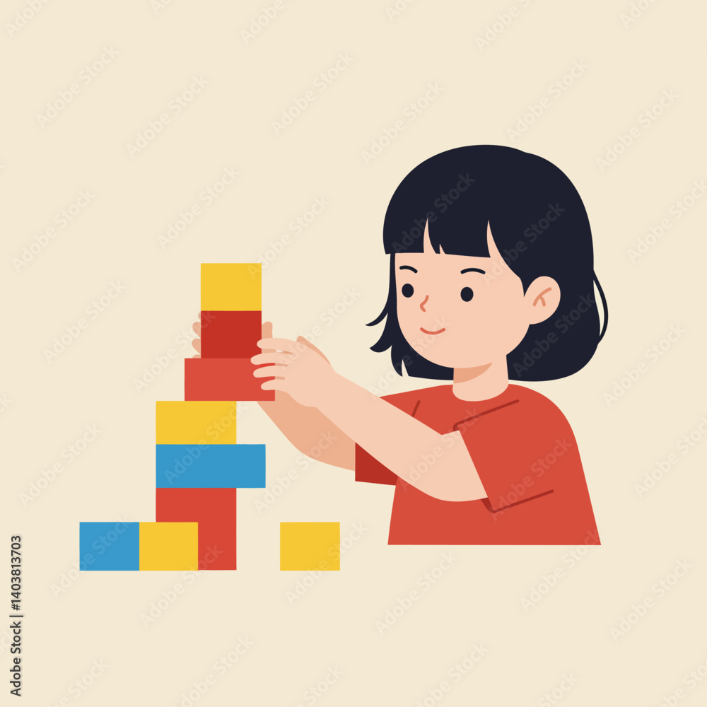 Child stacking colorful building blocks in flat design vector art Child stacking colorful building blocks in flat design vector art