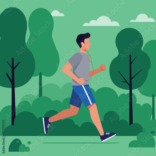 Man jogging in nature with headphones in flat vector illustration