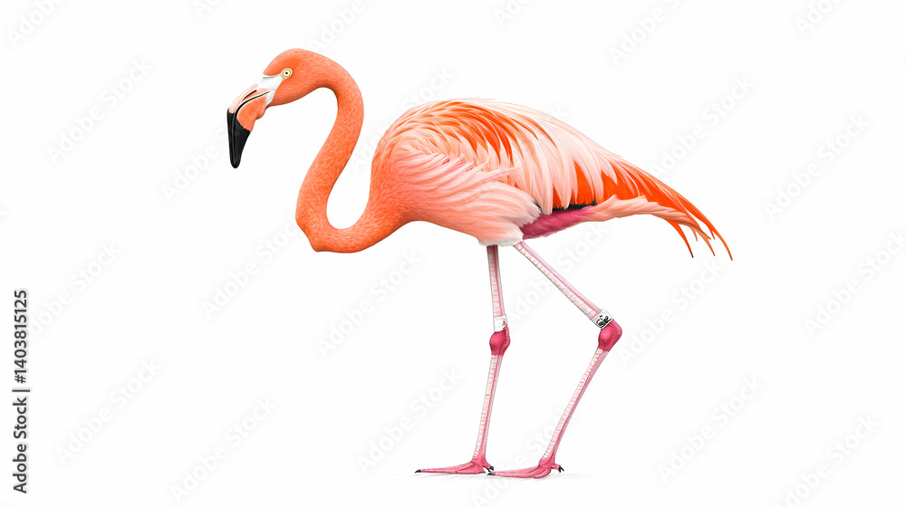 Fototapeta premium Pink Flamingo Bird Profile on White Background