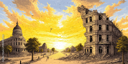 Detailed Vector Illustration of War Torn City with Ruined Buildings Deserted Street Dramatic Apocalyptic Sunset Scene Yellow Clouds and Fallen Architecture Landscape