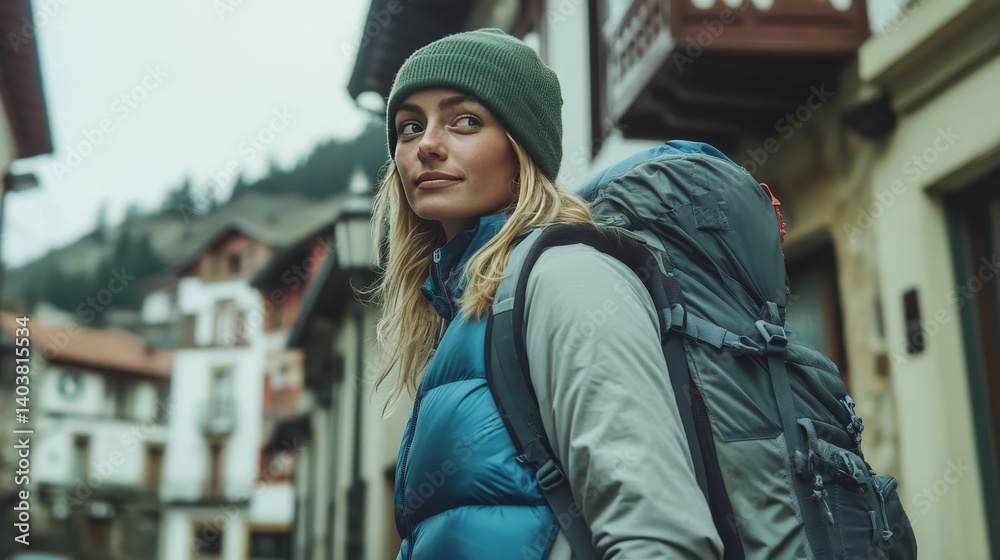 Exploring Narrow Streets in a Quaint Village With a Backpack and a Winter Jacket During a Chilly Day Exploring Narrow Streets in a Quaint Village With a Backpack and a Winter Jacket During a Chilly Day