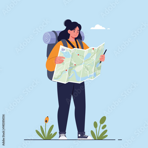 Person with backpack examining map in flat vector art style