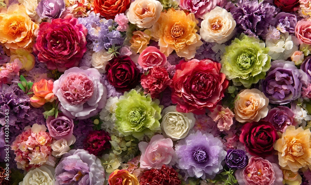 A dense arrangement of colorful roses and other flowers creating a vibrant floral display A dense arrangement of colorful roses and other flowers creating a vibrant floral display