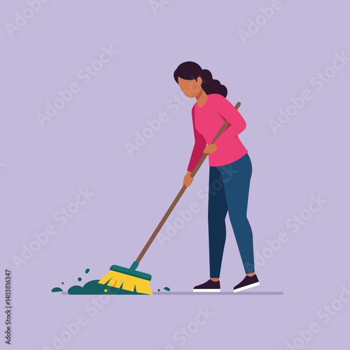 Cleaning activity with broom in flat design style vector art