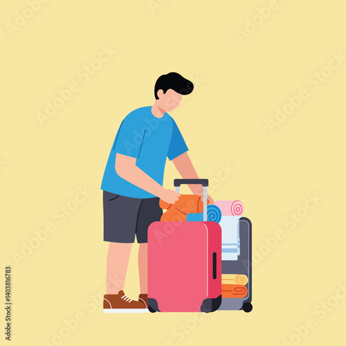 Person packing a suitcase with colorful towels in flat vector art