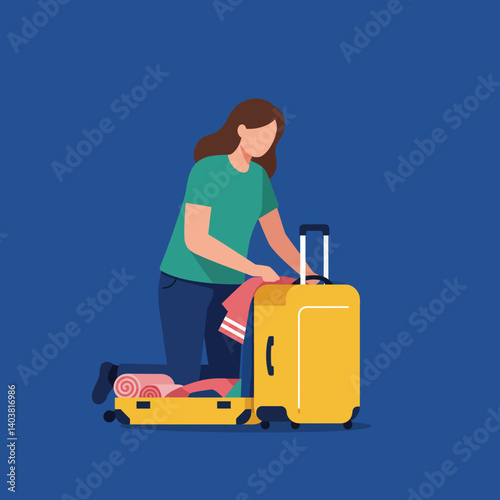 Woman packing a suitcase in a flat and minimal vector art style