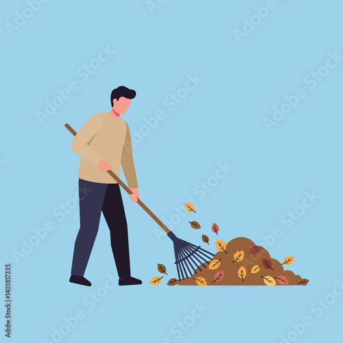 Person raking leaves in a minimal design style vector illustration