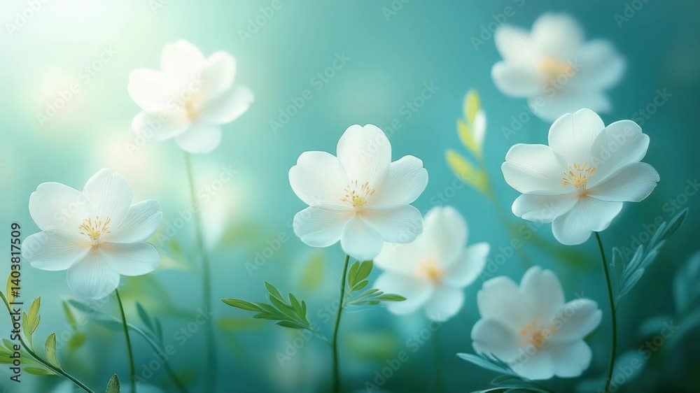 Delicate white flowers blooming against a soft blue background Delicate white flowers blooming against a soft blue background