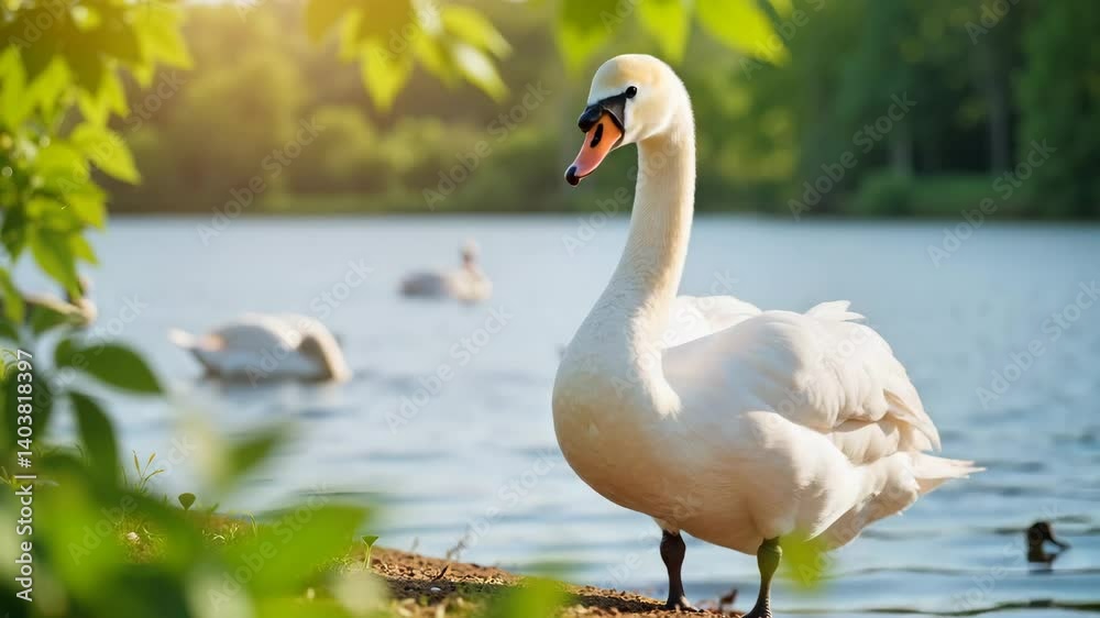 Elegant swan walking by the lake with green foliage backdrop Elegant swan walking by the lake with green foliage backdrop