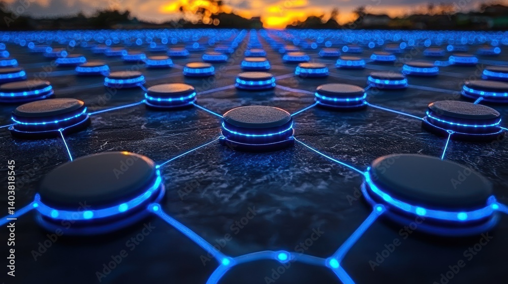 Fototapeta premium Futuristic Network: Interconnected Nodes at Sunset