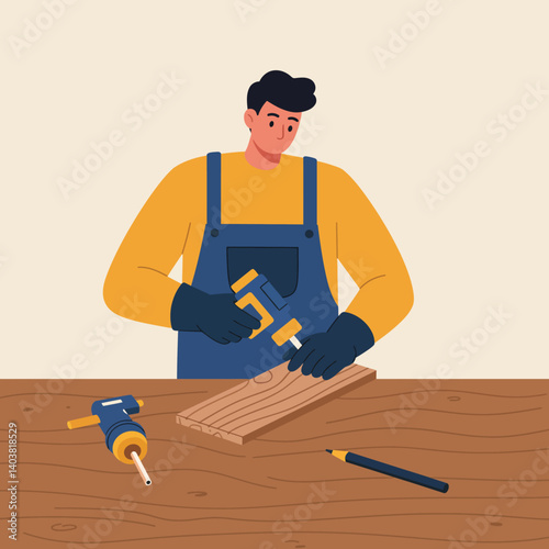 Craftsman using tools to shape wood in flat vector art