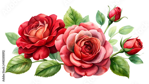 Vector flower set of red rose bouquets with flowers and leaves on a white background.