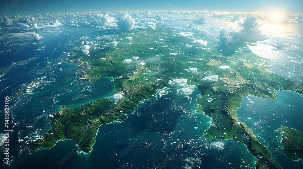 Fototapeta premium Aerial View of Earth Showing Land Mass and Ocean with Clouds