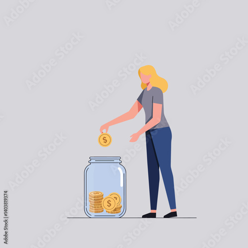 Woman depositing coins into glass jar in flat vector illustration