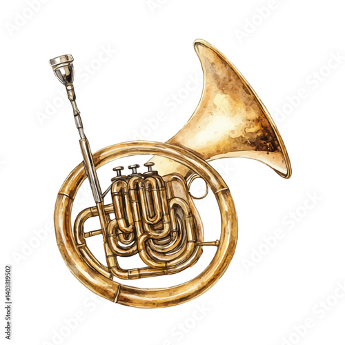 French Horn With Polished Brass, vector watercolor illustration, isolated on a white background.