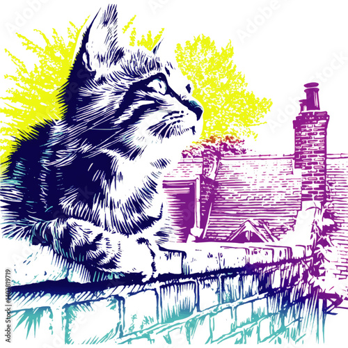 Stunning Vector Illustration of Thoughtful Cat Sitting on Wall with Brick House Rooftop Chimney Artistic Drawing Vibrant Colors Nature Scene Detailed Animal Portrait