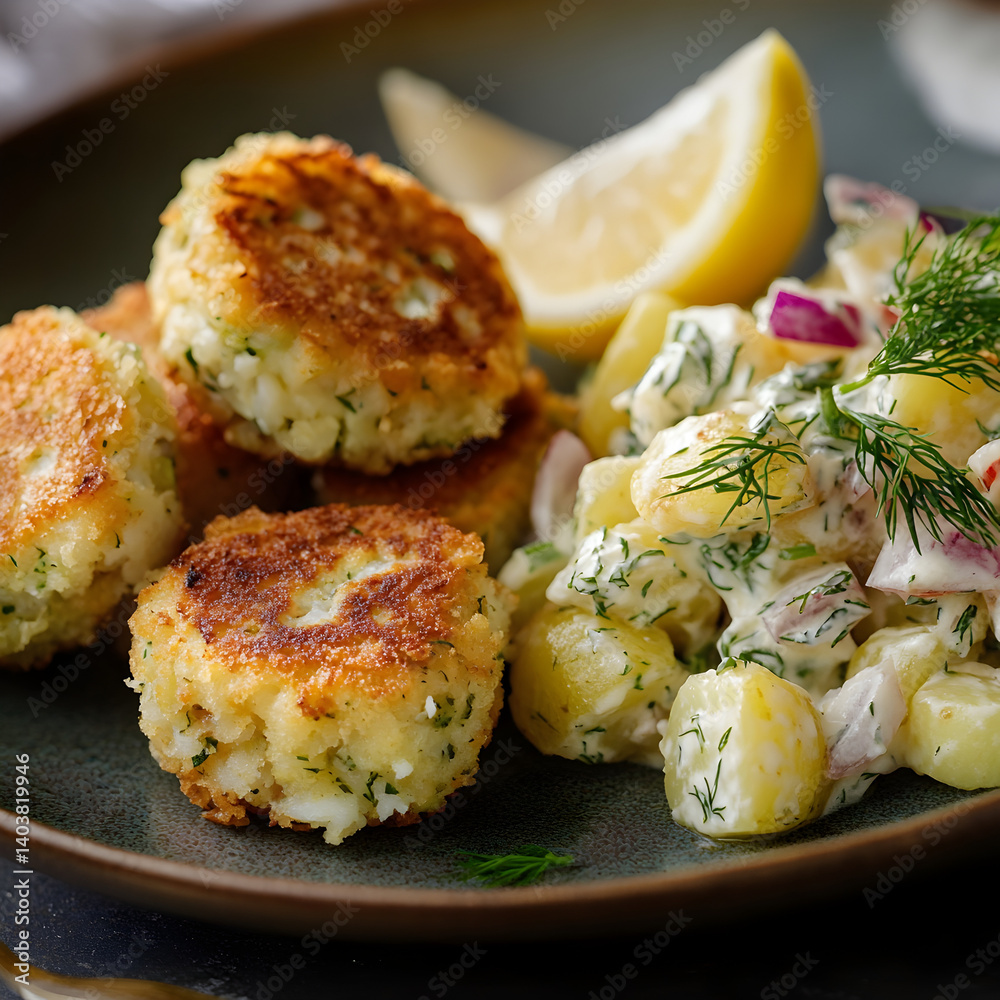 Crispy herb fritters served with creamy potato salad and lemon wedges on a rustic plate Crispy herb fritters served with creamy potato salad and lemon wedges on a rustic plate