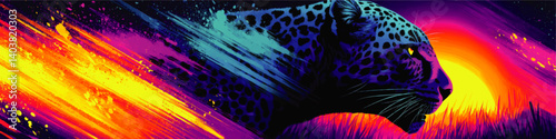 Stunning vector illustration of leopard silhouette in vibrant neon colors with abstract sunset background artistic concept for wall art poster design creativity