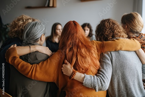 Group therapy and support - women hug, supporting each other during psychological practice. Supportive embraces create a safe space for healing and growth.