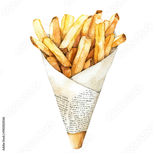watercolor of French Fries In A Newspaper Cone, vector, isolated on a white background.