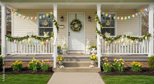 Festive Easter Porch Decor - A charming house porch decorated for Easter with pastel egg garlands, bunny figurines, and spring flowers photo