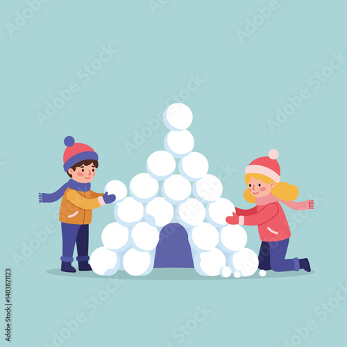 Two children building a snow fort in flat vector art style