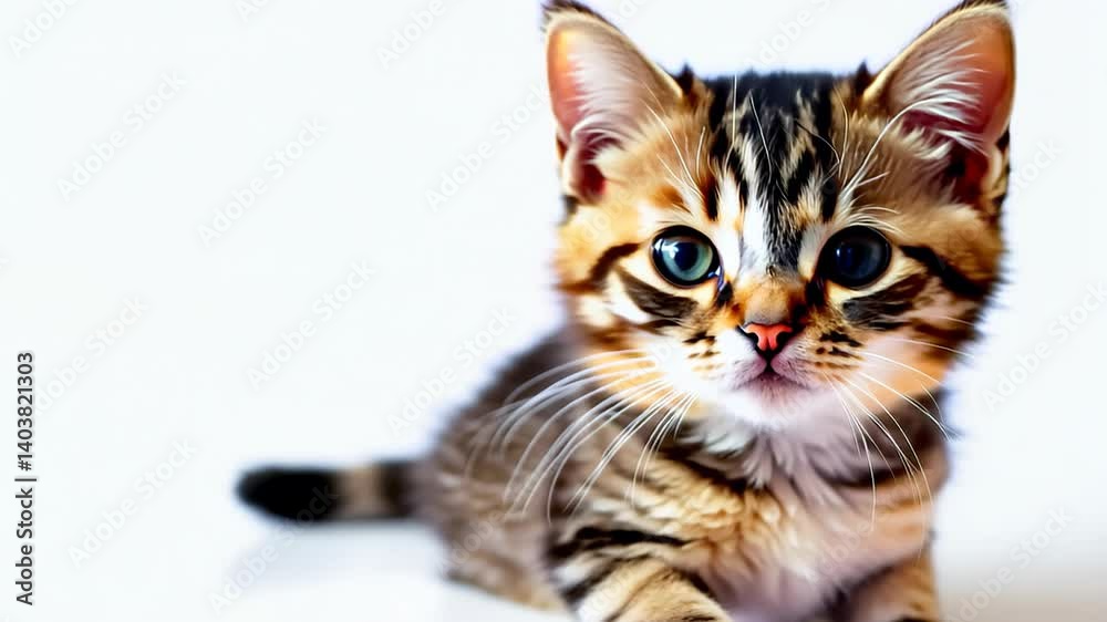 Cute and Adorable Kitten Sitting on White Surface Looking at Camera