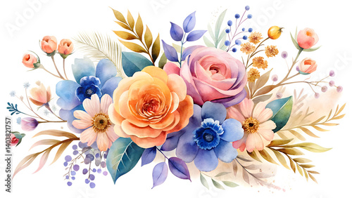 Watercolor bouquet of elegant flowers. Peony with orchid and red rose on white background. Illustration for decor cards and other your project.