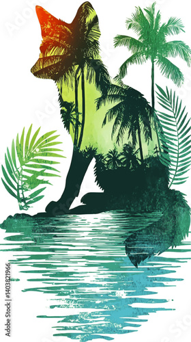 Vibrant Tropical Fox Silhouette Vector Illustration Blending Nature with Wildlife Featuring Palm Trees Green Blue Water Reflections and Exotic Tropical Forest Leaves