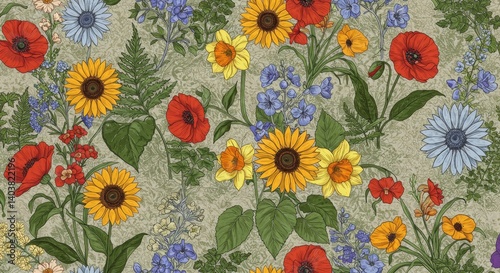 Wallpaper Mural Floral Pattern Illustration - Vibrant blooms, lush greenery, nature's beauty, springtime freshness, botanical artistry. Symbolizing growth, beauty, renewal, tranquility, and abundance Torontodigital.ca