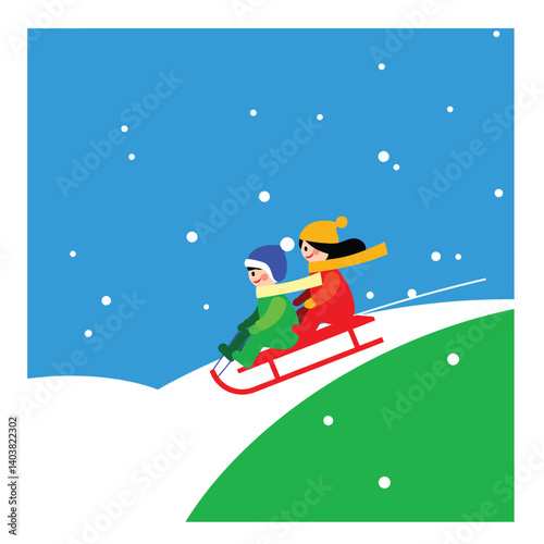 Children enjoying a winter sledding adventure in flat vector art