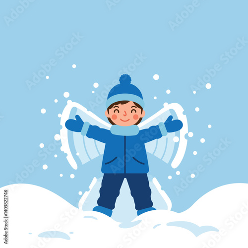 Happy child making snow angel in winter, flat design vector art