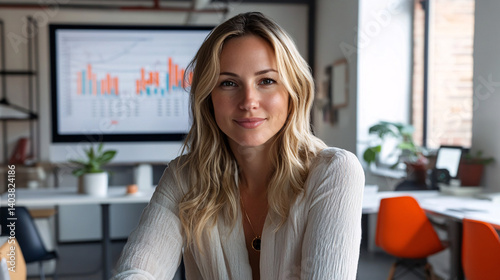 Confident Business Professional in a Modern Creative Workspace with Charts Displayed