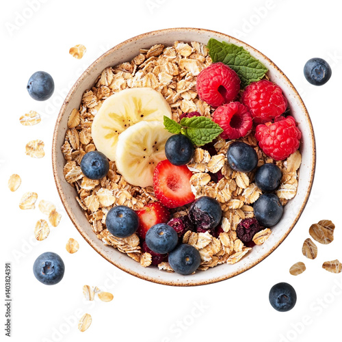 Healthy breakfast concept, cereal granola food with fruit in bowl organic muesli morning diet oat meal  vegan background and detox snack for health nutrition vertical close up top view, PNG