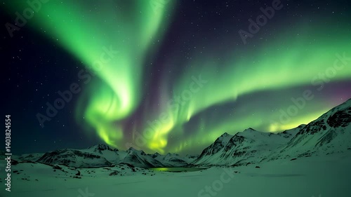 Witnessing Majestic Aurora Borealis over Snowy Mountains in Winter Night