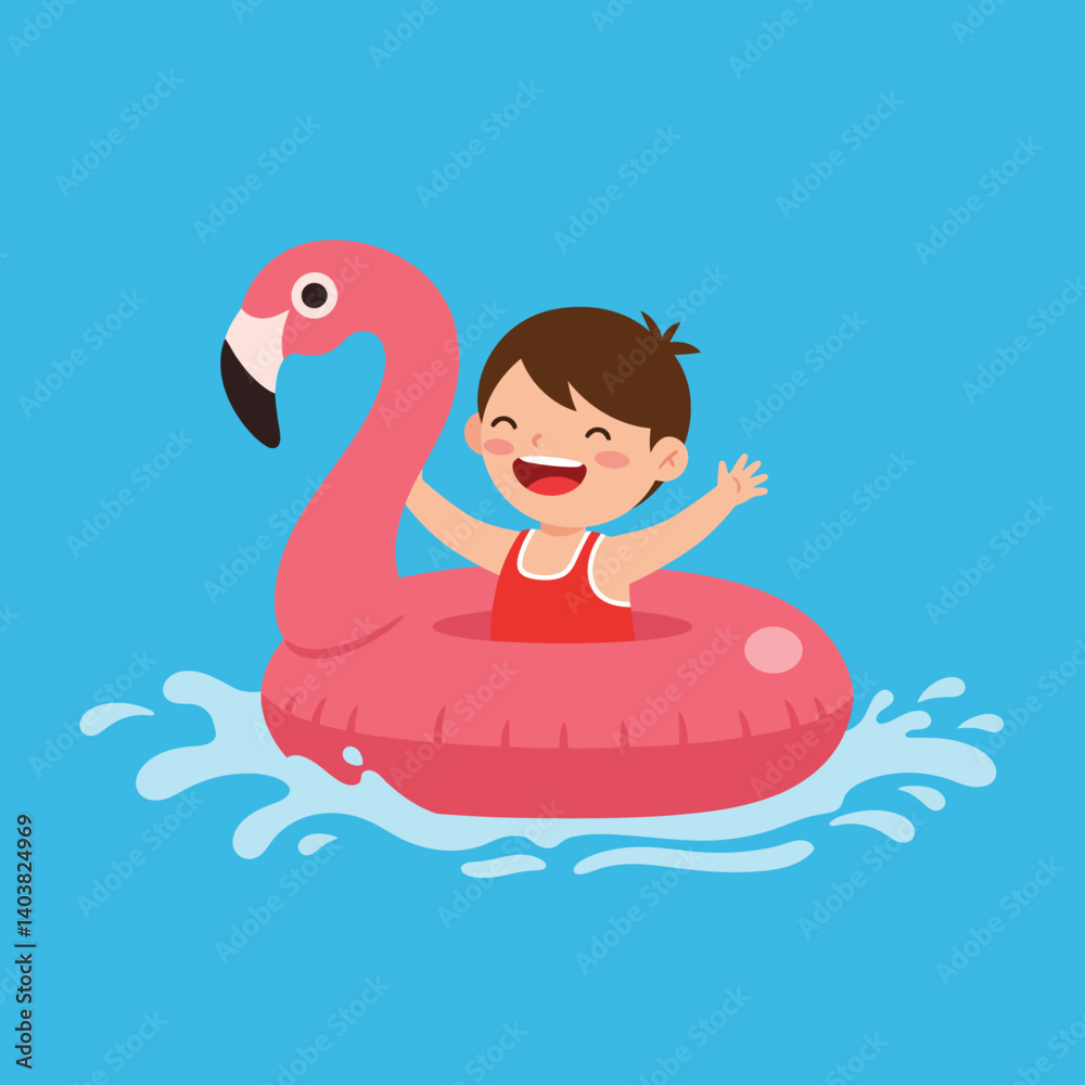 Fototapeta premium Happy child enjoying summer fun in pink flamingo float detailed vector illustration