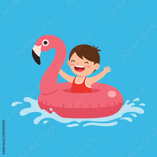 Happy child enjoying summer fun in pink flamingo float detailed vector illustration