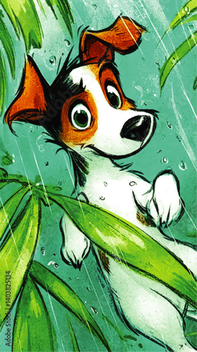 Cute cartoon Jack Russell terrier puppy swimming happily underwater surrounded by green leaves and bubbles colorful detailed vector illustration for children books
