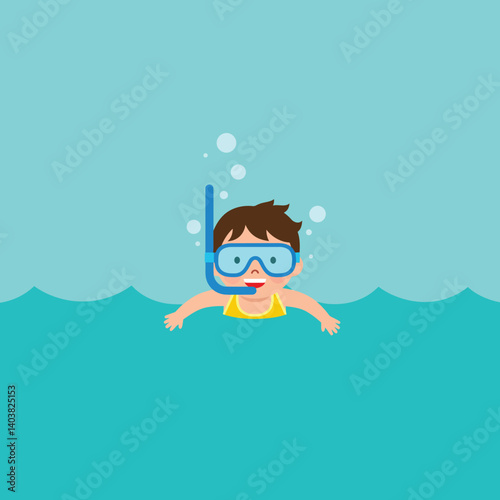 Child swimming with snorkel in water, flat design style vector illustration
