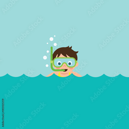 Child swimming in water with snorkel in flat and colorful vector illustration